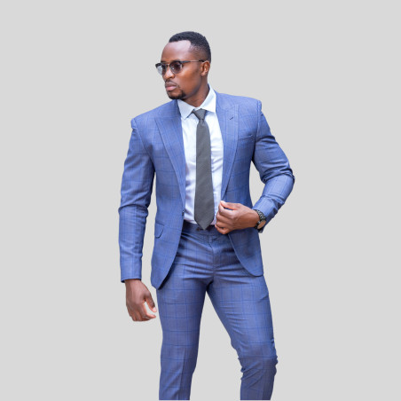 Blue Checked 2-Piece Suit with Peaked Lapel